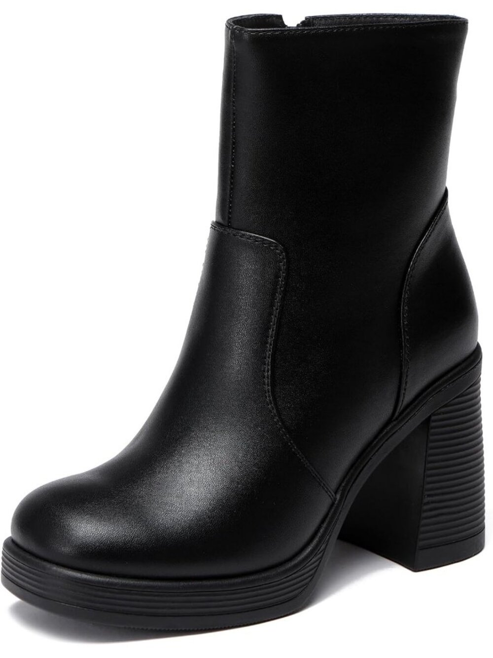 Women's Black Platform Square Toe Gogo Chunky Block Heel Ankle Boots with Zipper